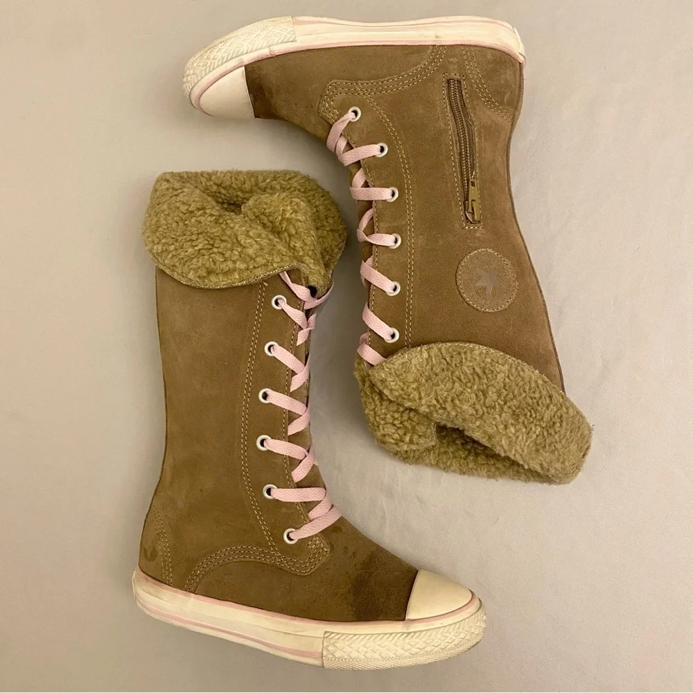 Converse Sharon Girls Youth Size 1 Tall Calf Sneakers Suede Beige Pink Shoes
